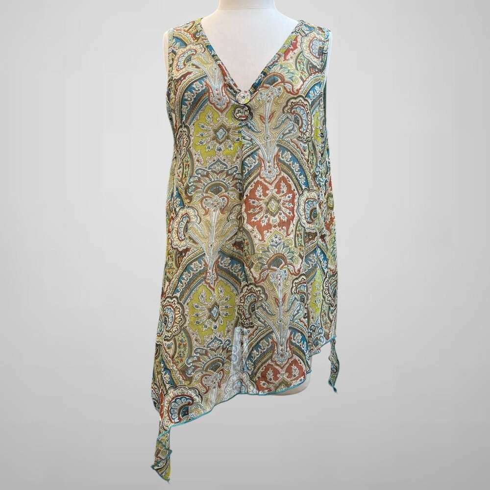 Pretty Angel Vintage Sheer Blouse Green Brown Paisley Asymmetrical Top